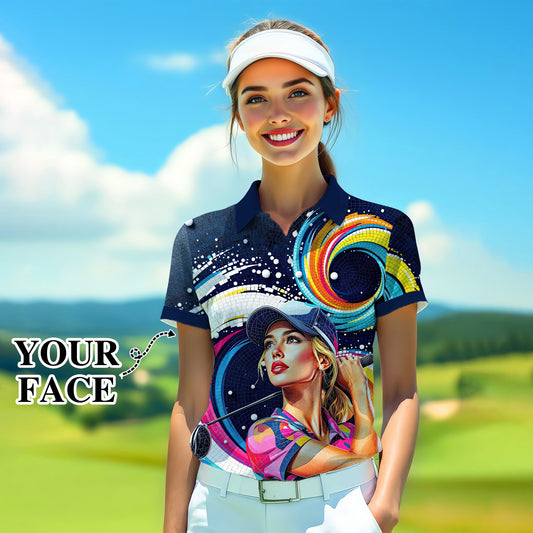 Custom Face Artistic Golf Polo Shirt for Women - Mosaic Design Style 19