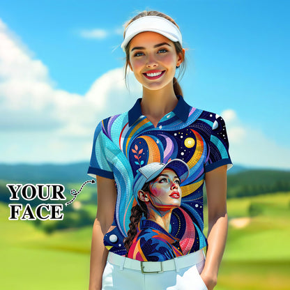 Custom Face Artistic Golf Polo Shirt for Women - Mosaic Design Style 13