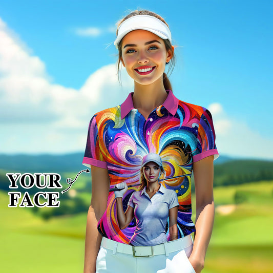 Custom Face Artistic Golf Polo Shirt for Women - Mosaic Design Style 3
