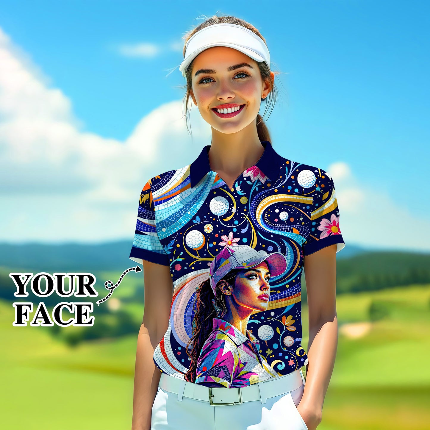 Custom Face Artistic Golf Polo Shirt for Women - Mosaic Design Style 14