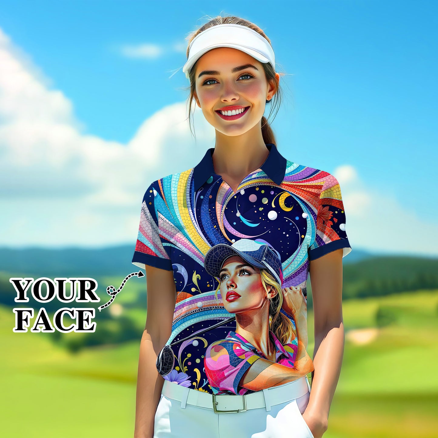 Custom Face Artistic Golf Polo Shirt for Women - Mosaic Design Style 18