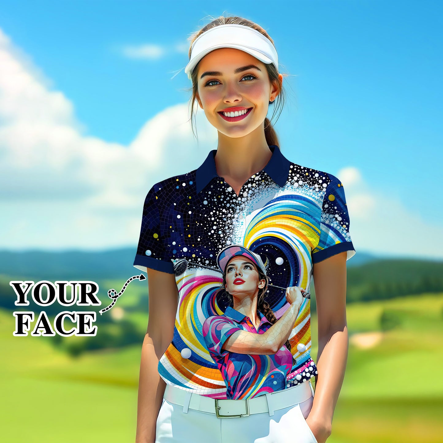 Custom Face Artistic Golf Polo Shirt for Women - Mosaic Design Style 20
