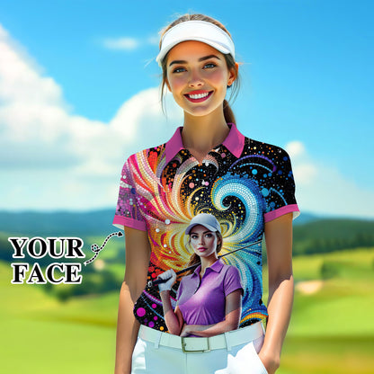 Custom Face Artistic Golf Polo Shirt for Women - Mosaic Design Style 4