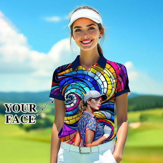 Custom Face Artistic Golf Polo Shirt for Women - Mosaic Design Style 29