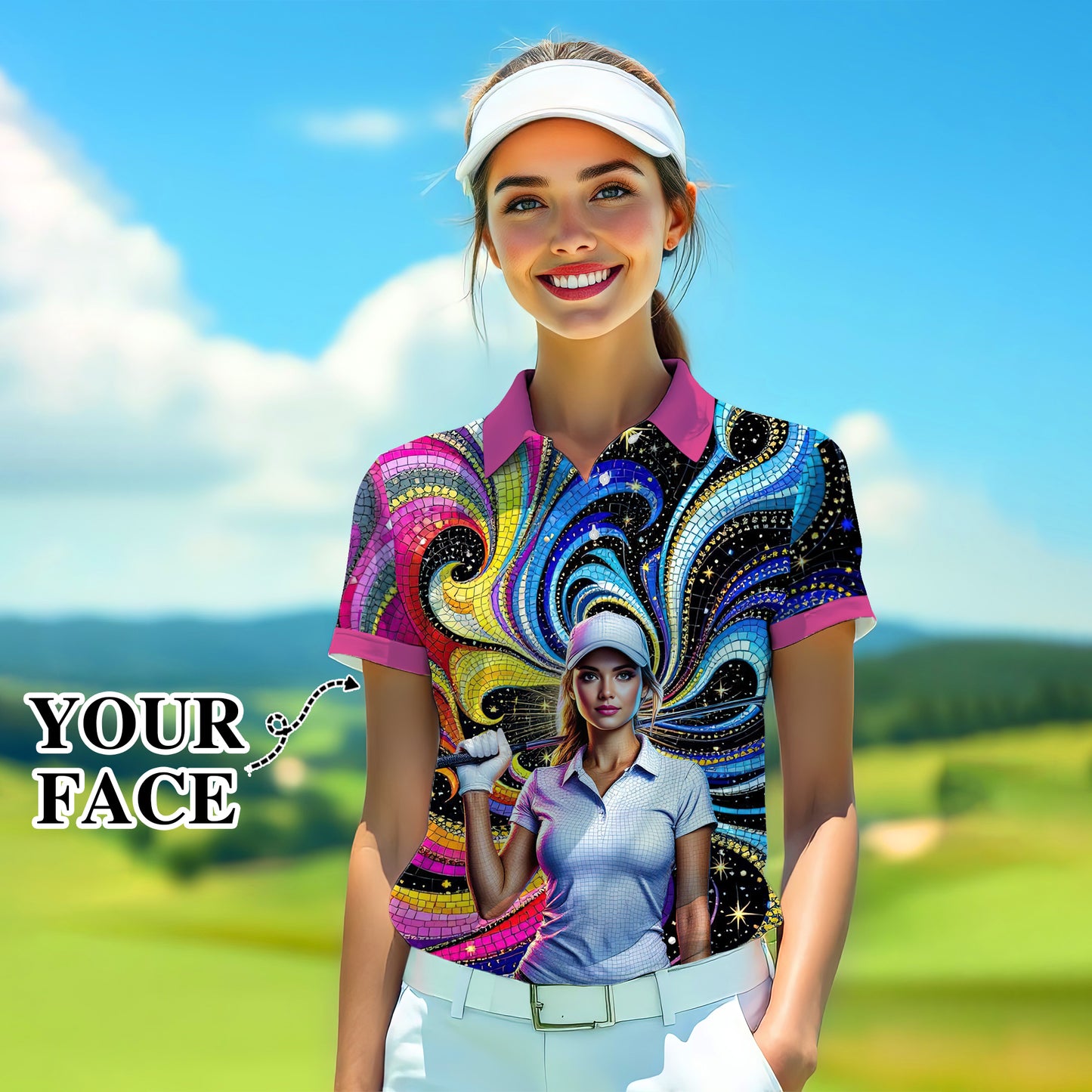 Custom Face Artistic Golf Polo Shirt for Women - Mosaic Design Style 8