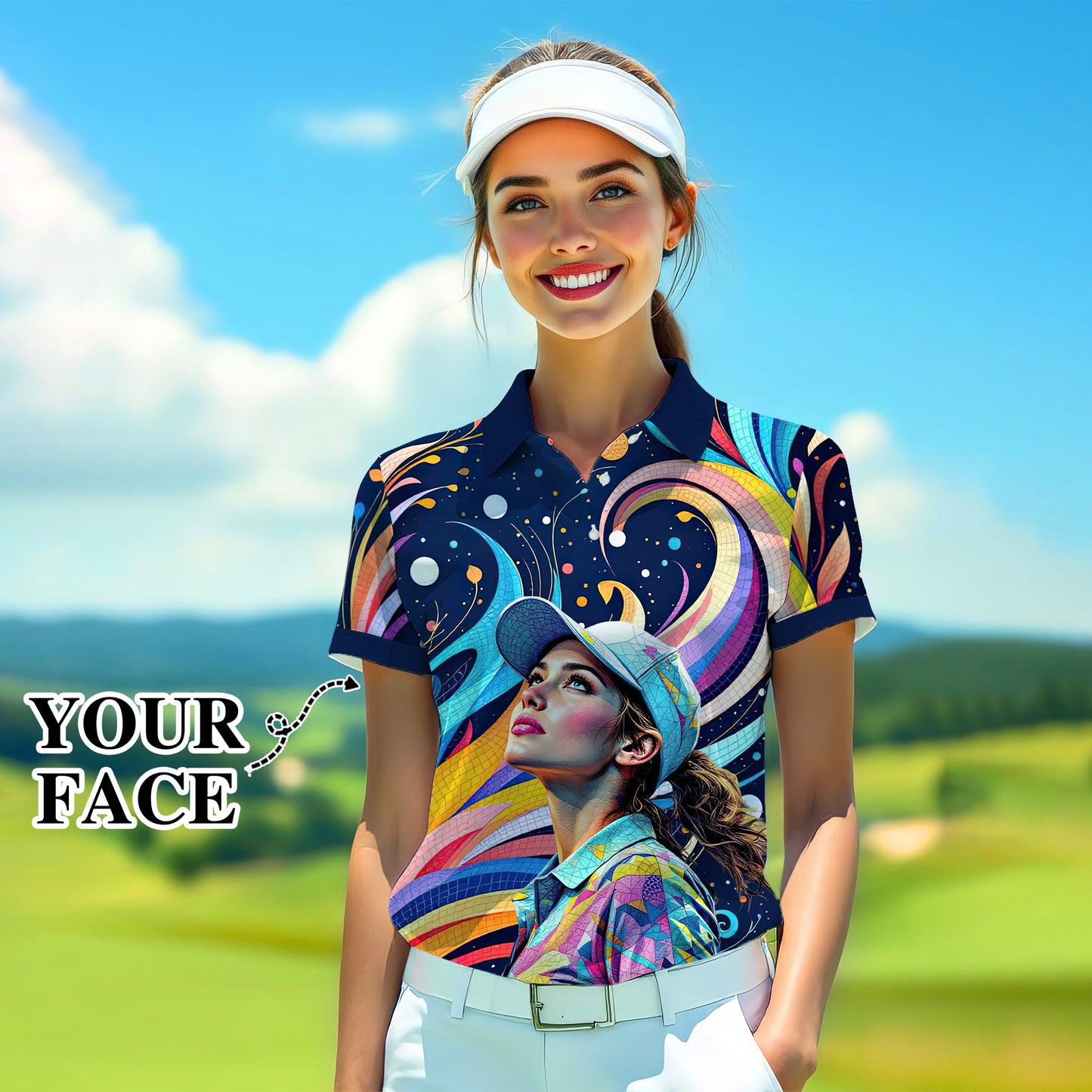 Custom Face Artistic Golf Polo Shirt for Women - Mosaic Design Style 17