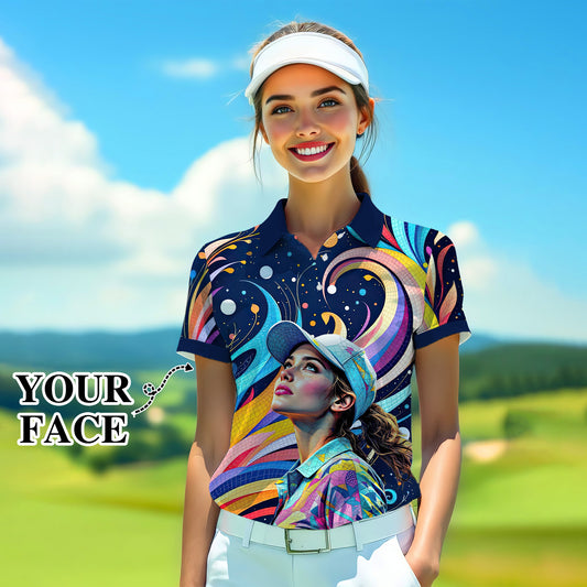 Custom Face Artistic Golf Polo Shirt for Women - Mosaic Design Style 17