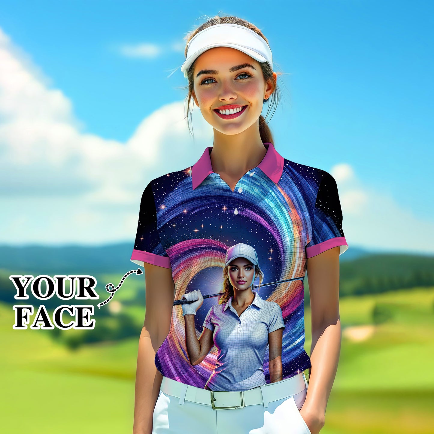 Custom Face Artistic Golf Polo Shirt for Women - Mosaic Design Style 10