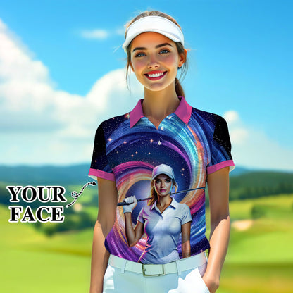 Custom Face Artistic Golf Polo Shirt for Women - Mosaic Design Style 10