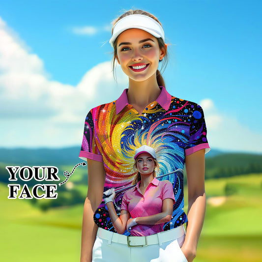 Custom Face Artistic Golf Polo Shirt for Women - Mosaic Design Style 5