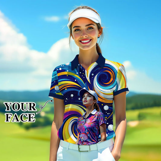 Custom Face Artistic Golf Polo Shirt for Women - Mosaic Design Style 21