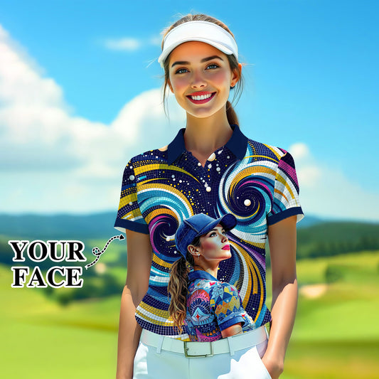 Custom Face Artistic Golf Polo Shirt for Women - Mosaic Design Style 23