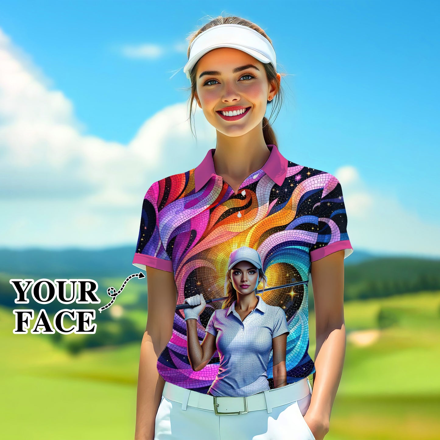 Custom Face Artistic Golf Polo Shirt for Women - Mosaic Design Style 2