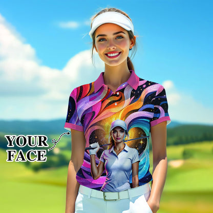 Custom Face Artistic Golf Polo Shirt for Women - Mosaic Design Style 2