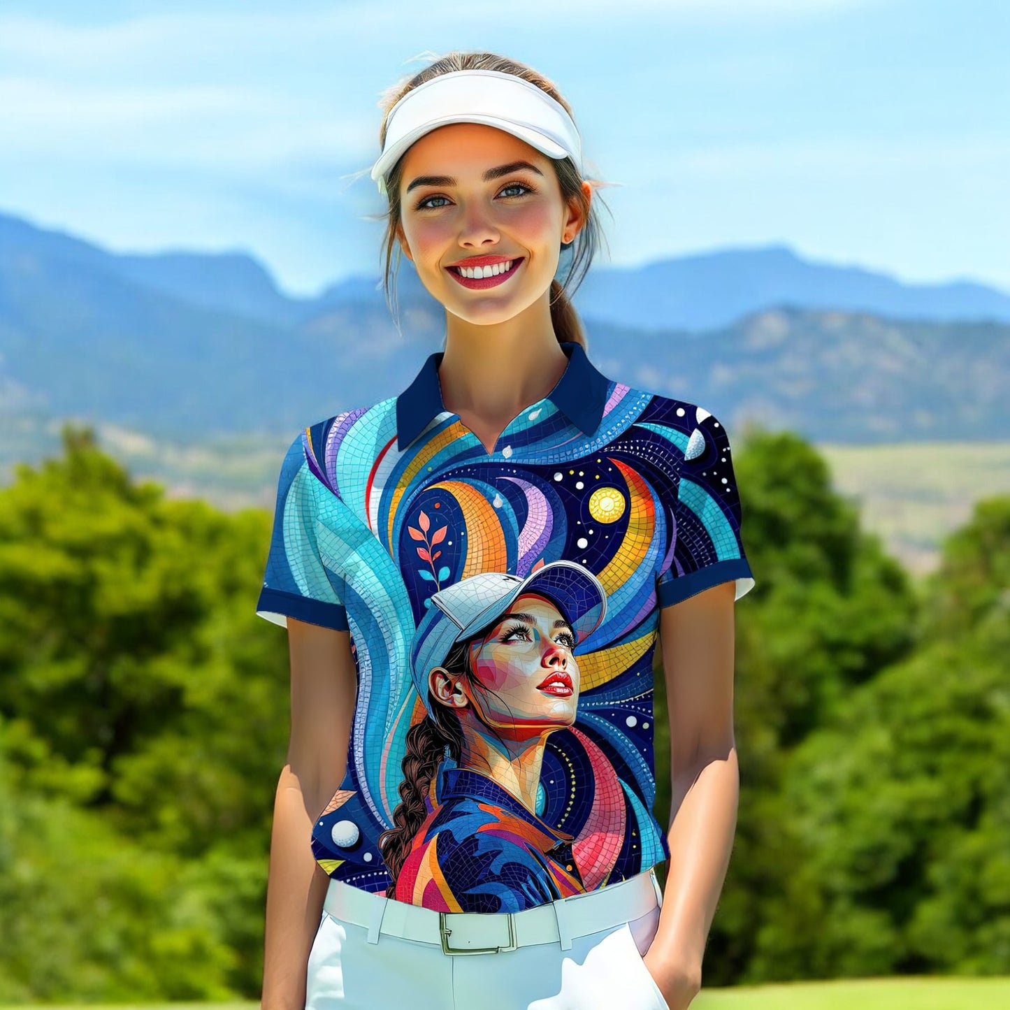 Custom Face Artistic Golf Polo Shirt for Women - Mosaic Design Style 13