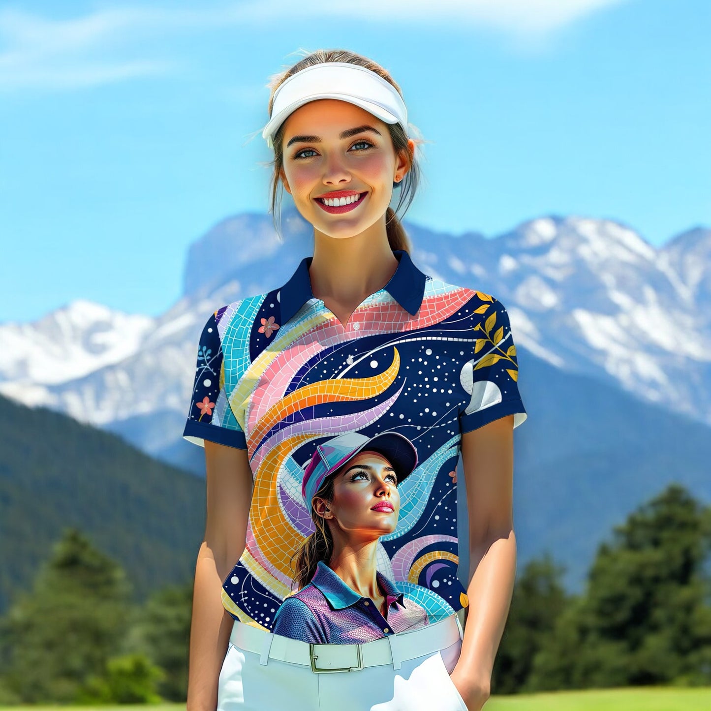 Custom Face Artistic Golf Polo Shirt for Women - Mosaic Design Style 12