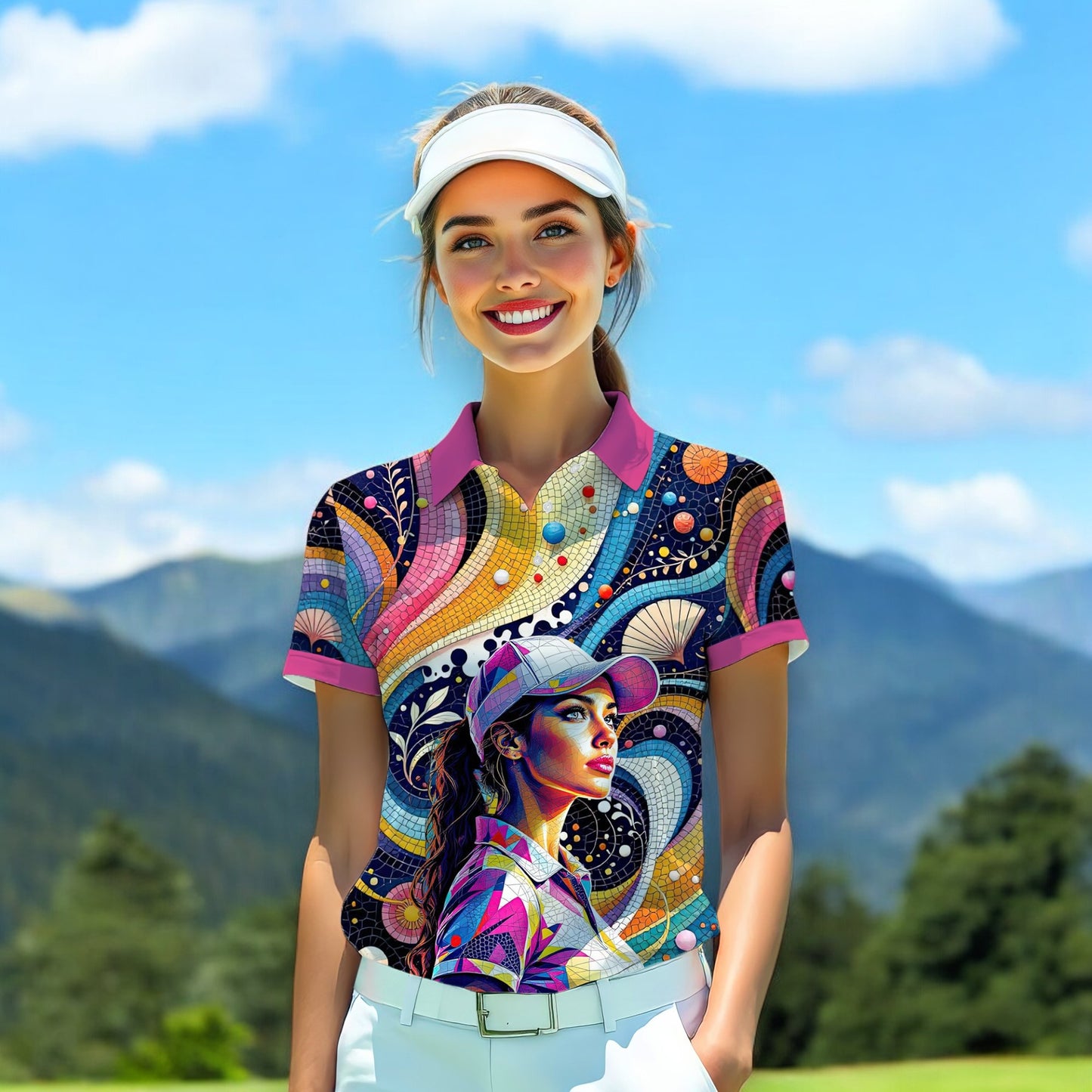 Custom Face Artistic Golf Polo Shirt for Women - Mosaic Design Style 11