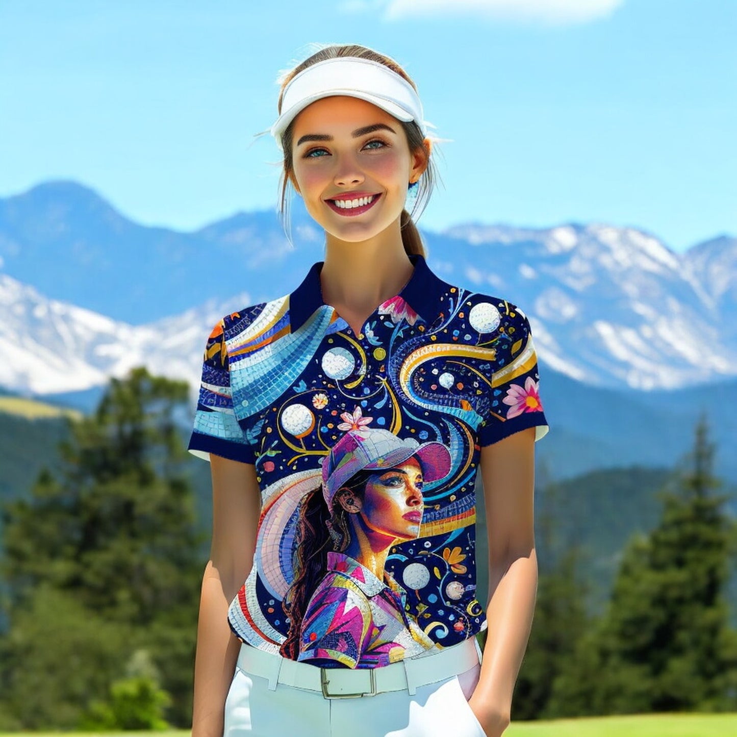 Custom Face Artistic Golf Polo Shirt for Women - Mosaic Design Style 14