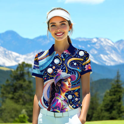 Custom Face Artistic Golf Polo Shirt for Women - Mosaic Design Style 14