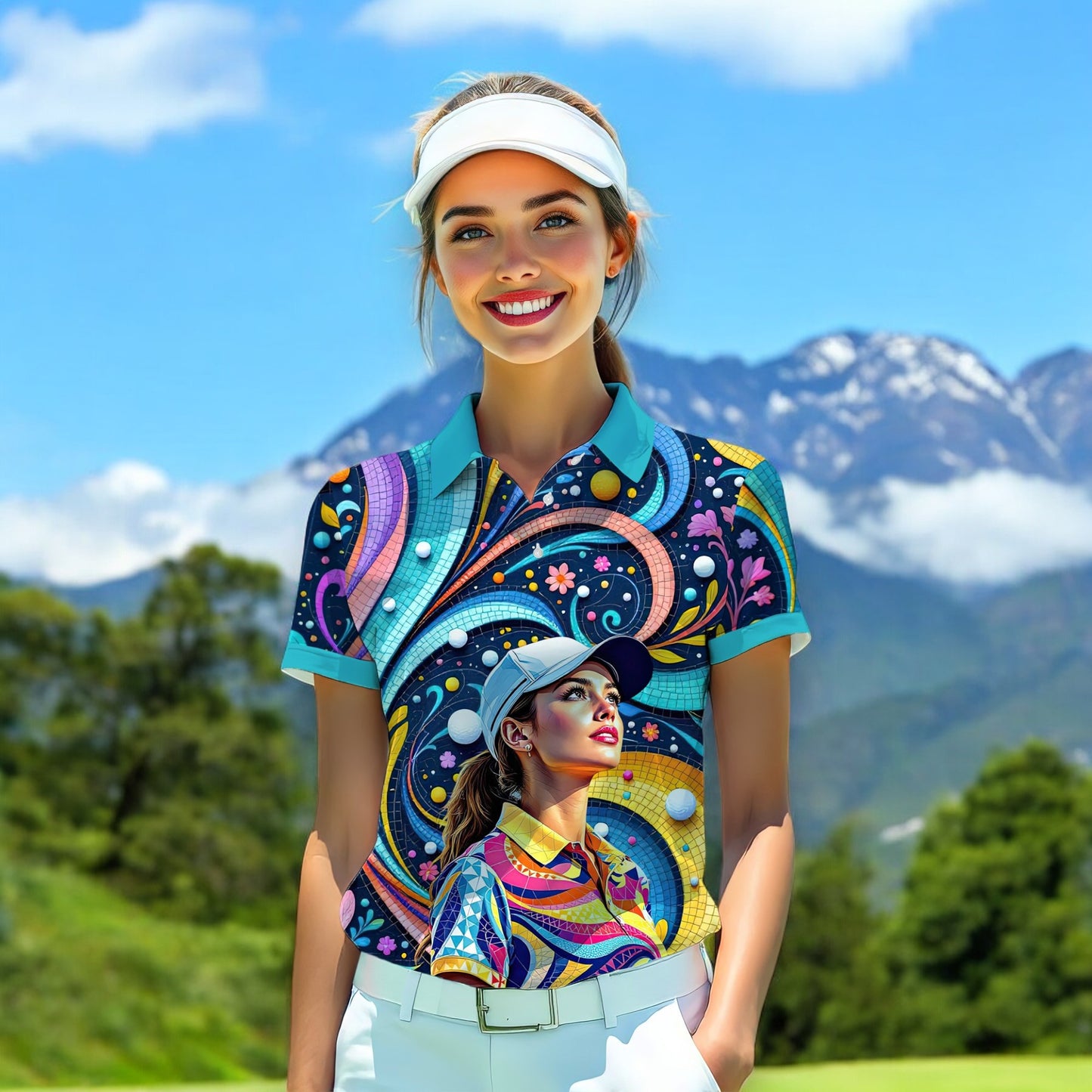 Custom Face Artistic Golf Polo Shirt for Women - Mosaic Design Style 15