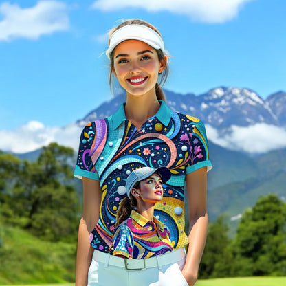 Custom Face Artistic Golf Polo Shirt for Women - Mosaic Design Style 15