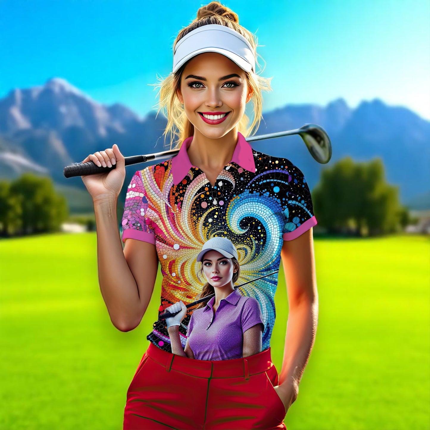Custom Face Artistic Golf Polo Shirt for Women - Mosaic Design Style 4