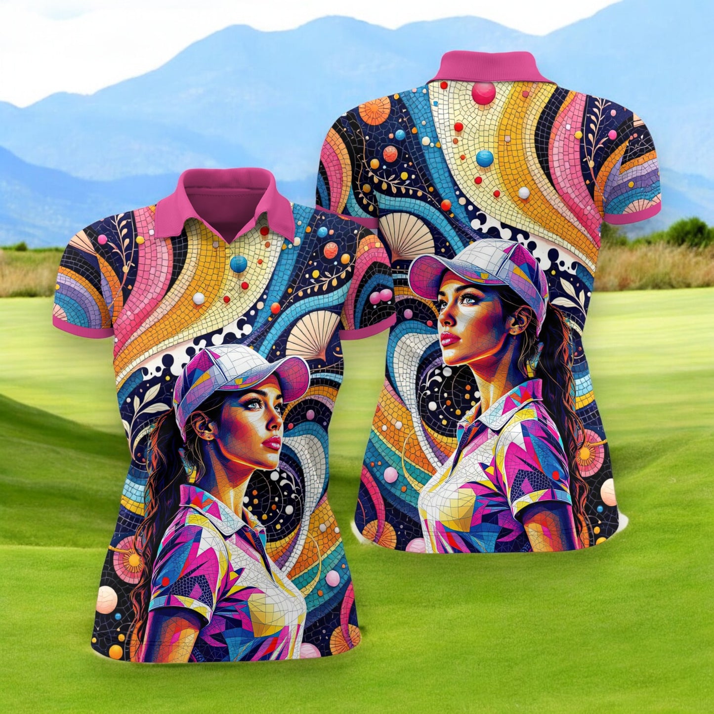 Custom Face Artistic Golf Polo Shirt for Women - Mosaic Design Style 11