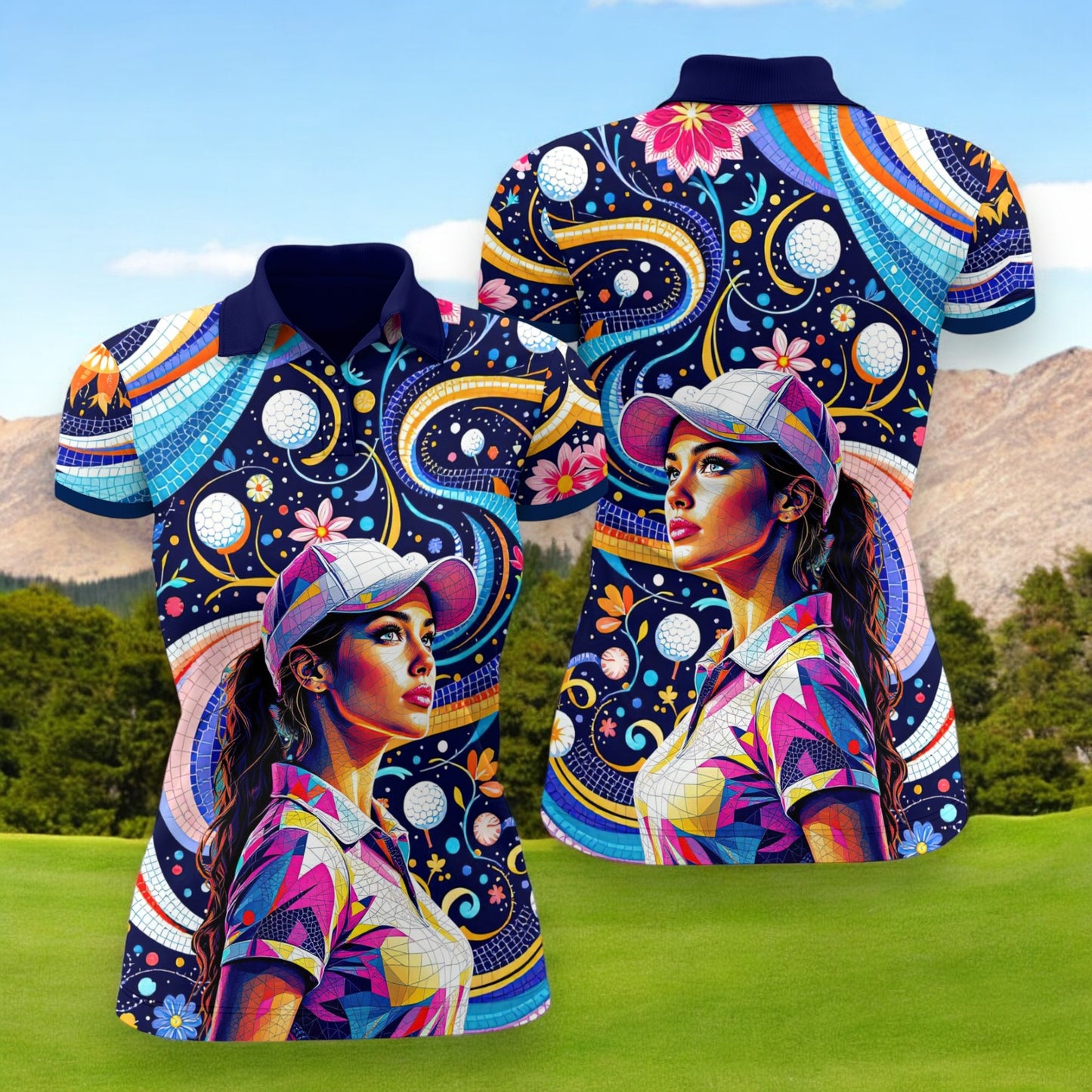Custom Face Artistic Golf Polo Shirt for Women - Mosaic Design Style 14