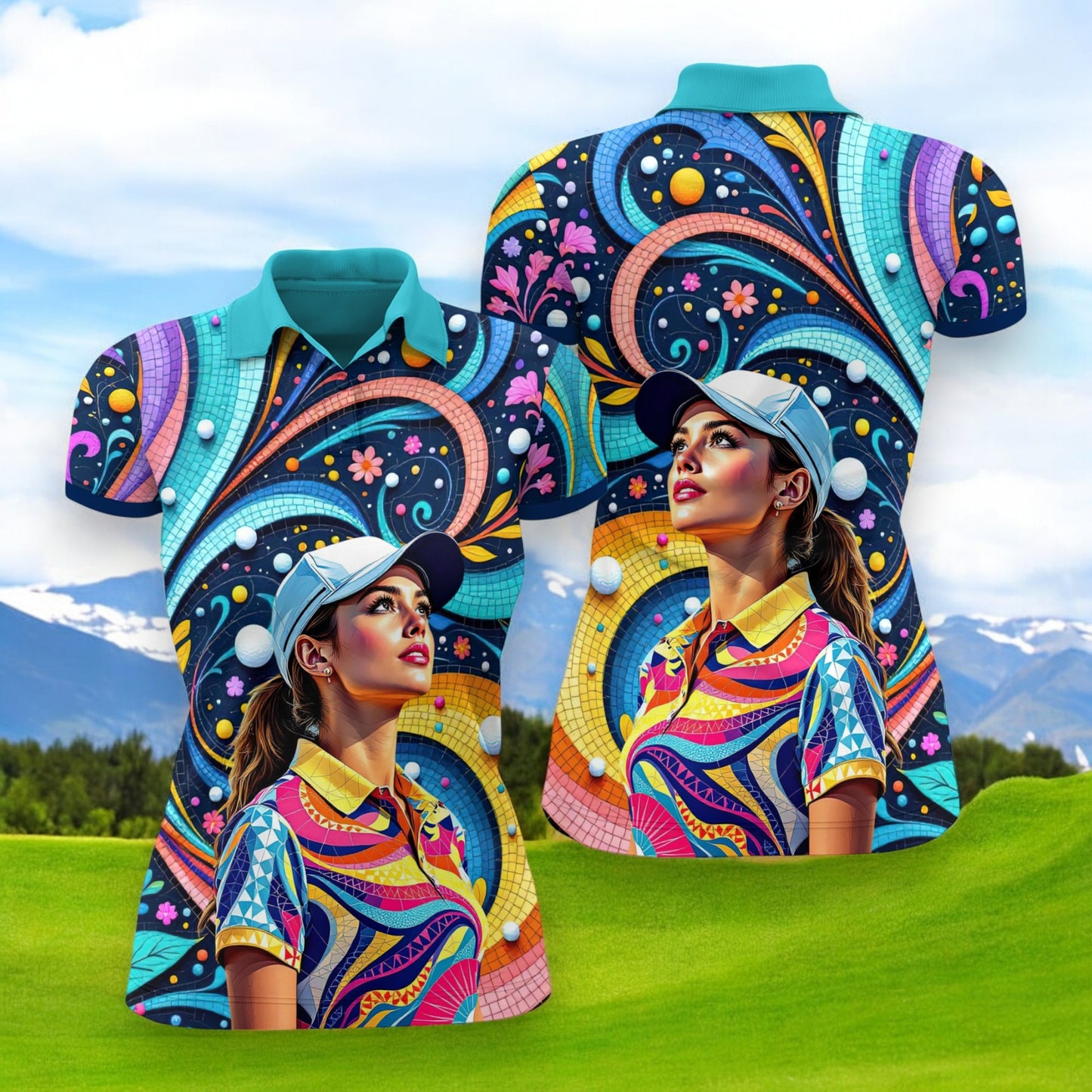 Custom Face Artistic Golf Polo Shirt for Women - Mosaic Design Style 15
