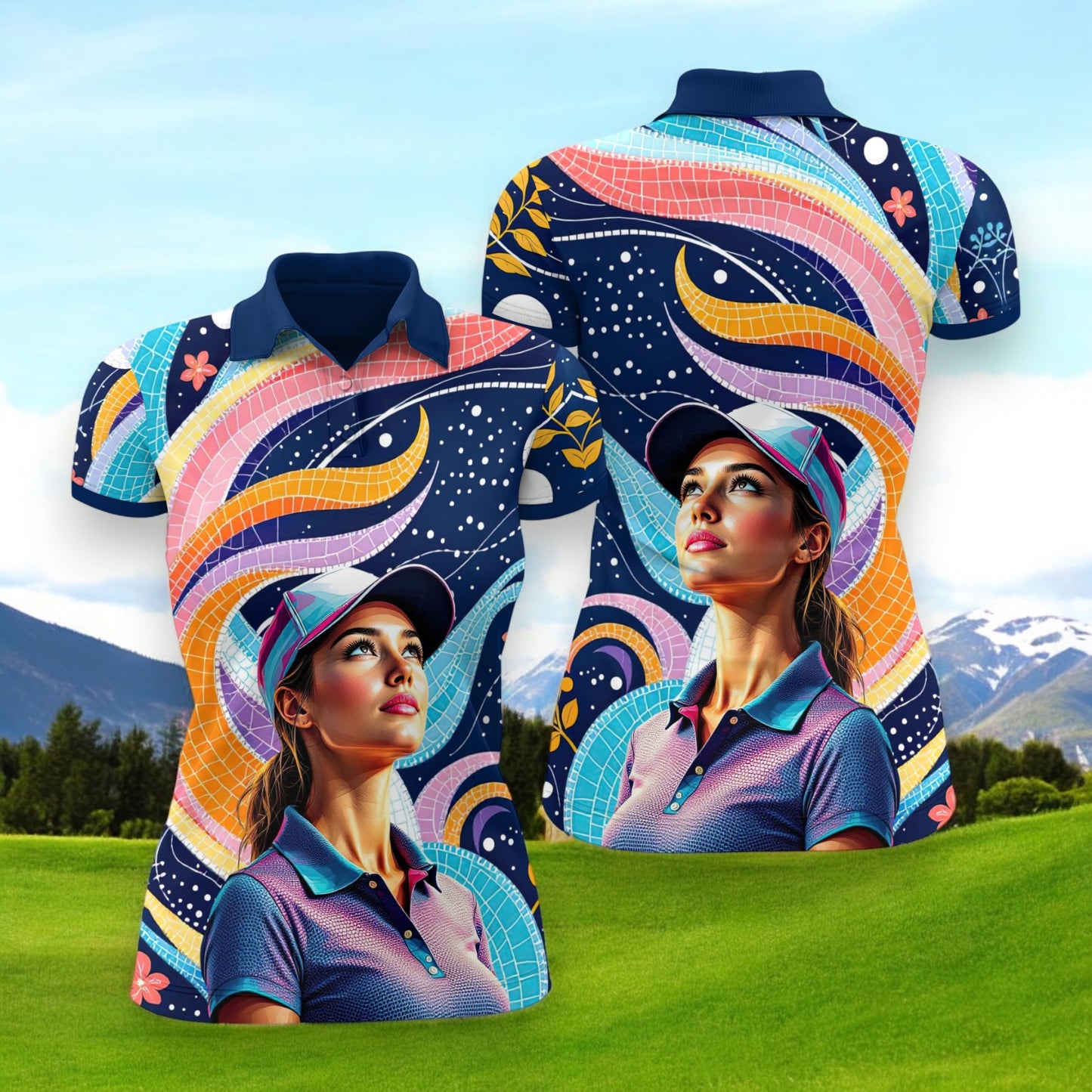 Custom Face Artistic Golf Polo Shirt for Women - Mosaic Design Style 12
