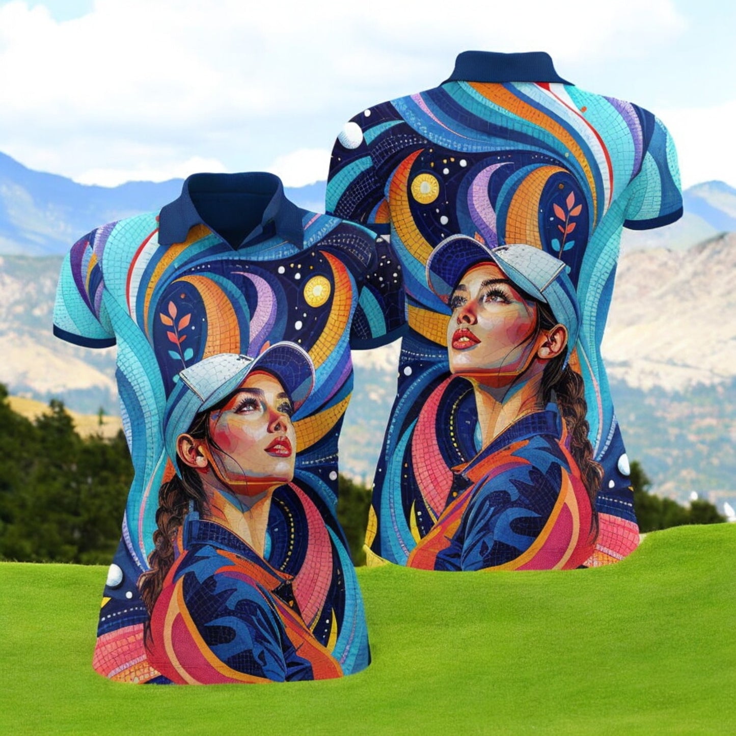 Custom Face Artistic Golf Polo Shirt for Women - Mosaic Design Style 13