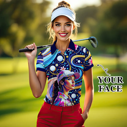 Custom Face Artistic Golf Polo Shirt for Women - Mosaic Design Style 14