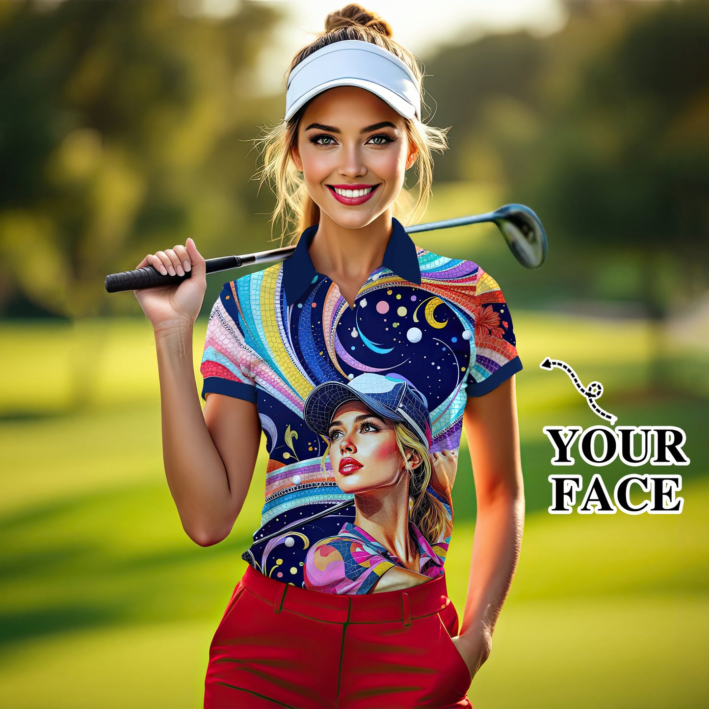 Custom Face Artistic Golf Polo Shirt for Women - Mosaic Design Style 18