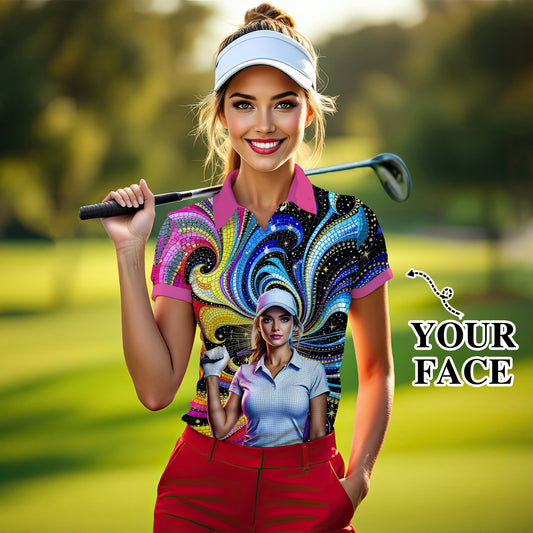 Custom Face Artistic Golf Polo Shirt for Women - Mosaic Design Style 8