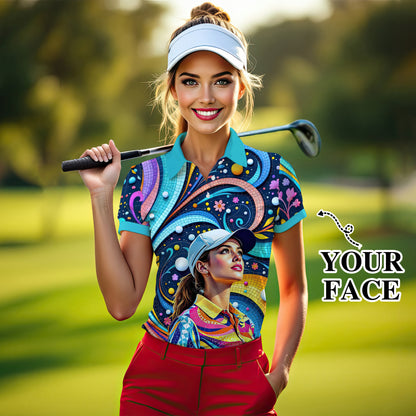 Custom Face Artistic Golf Polo Shirt for Women - Mosaic Design Style 15