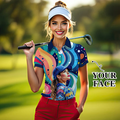 Custom Face Artistic Golf Polo Shirt for Women - Mosaic Design Style 26