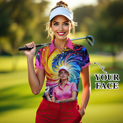 Custom Face Artistic Golf Polo Shirt for Women - Mosaic Design Style 5