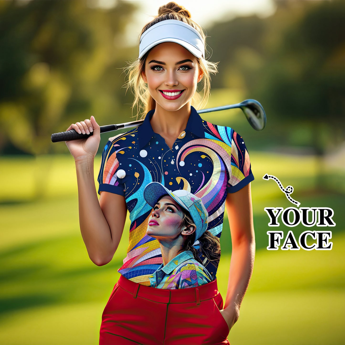 Custom Face Artistic Golf Polo Shirt for Women - Mosaic Design Style 17
