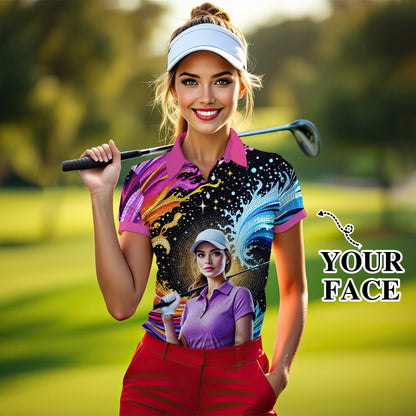 Custom Face Artistic Golf Polo Shirt for Women - Mosaic Design Style 6