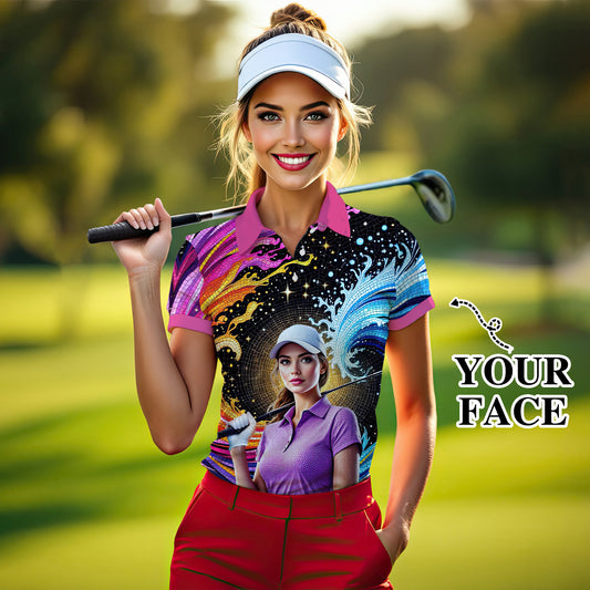 Custom Face Artistic Golf Polo Shirt for Women - Mosaic Design Style 6