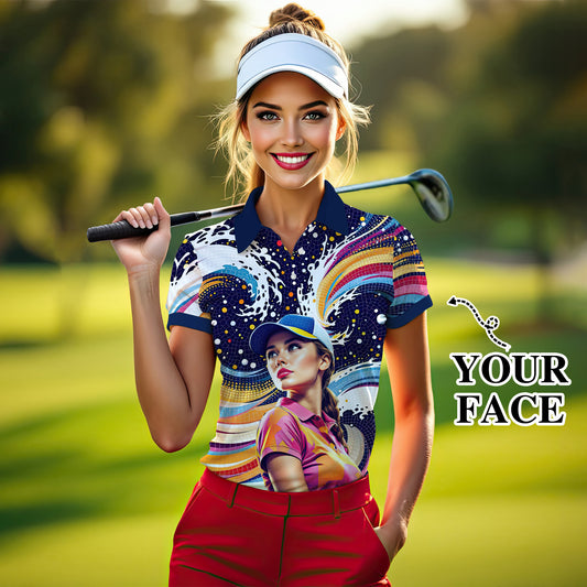 Custom Face Artistic Golf Polo Shirt for Women - Mosaic Design Style 22