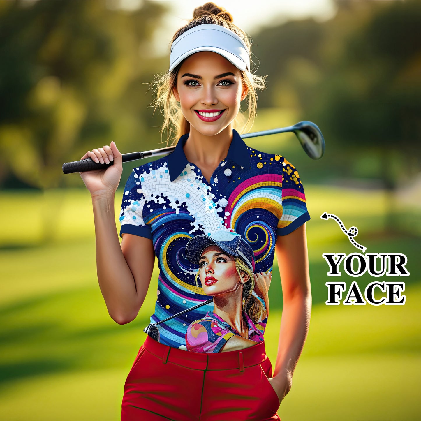 Custom Face Artistic Golf Polo Shirt for Women - Mosaic Design Style 25