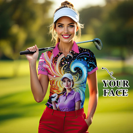 Custom Face Artistic Golf Polo Shirt for Women - Mosaic Design Style 4