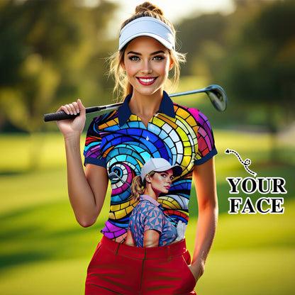 Custom Face Artistic Golf Polo Shirt for Women - Mosaic Design Style 29