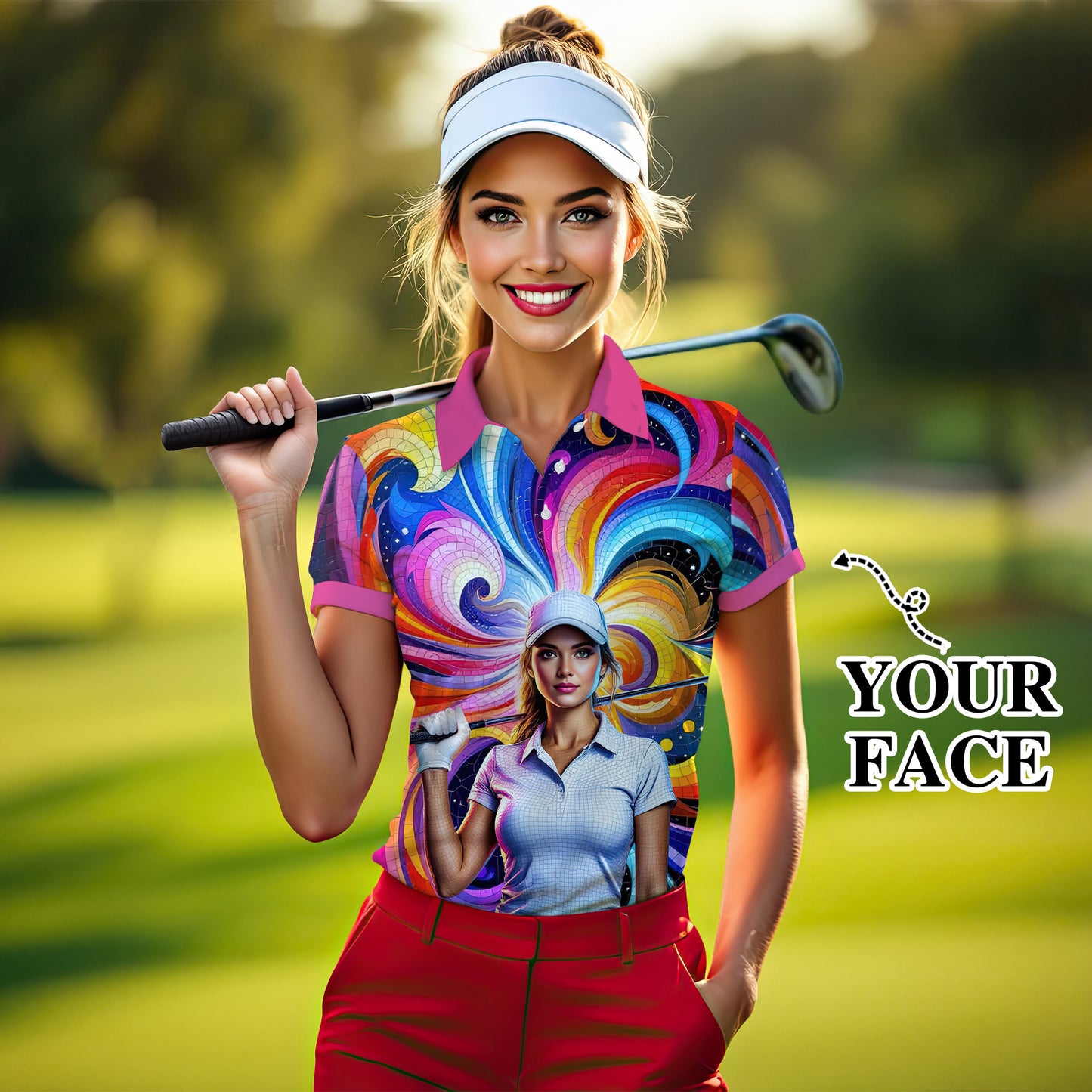 Custom Face Artistic Golf Polo Shirt for Women - Mosaic Design Style 3