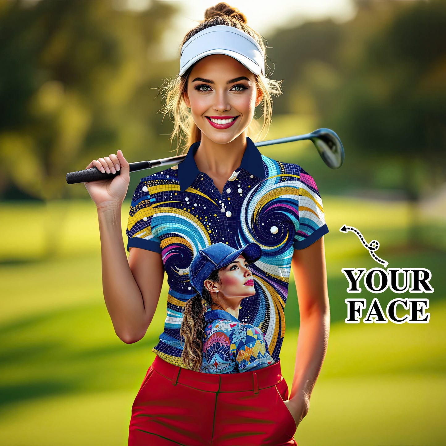 Custom Face Artistic Golf Polo Shirt for Women - Mosaic Design Style 23