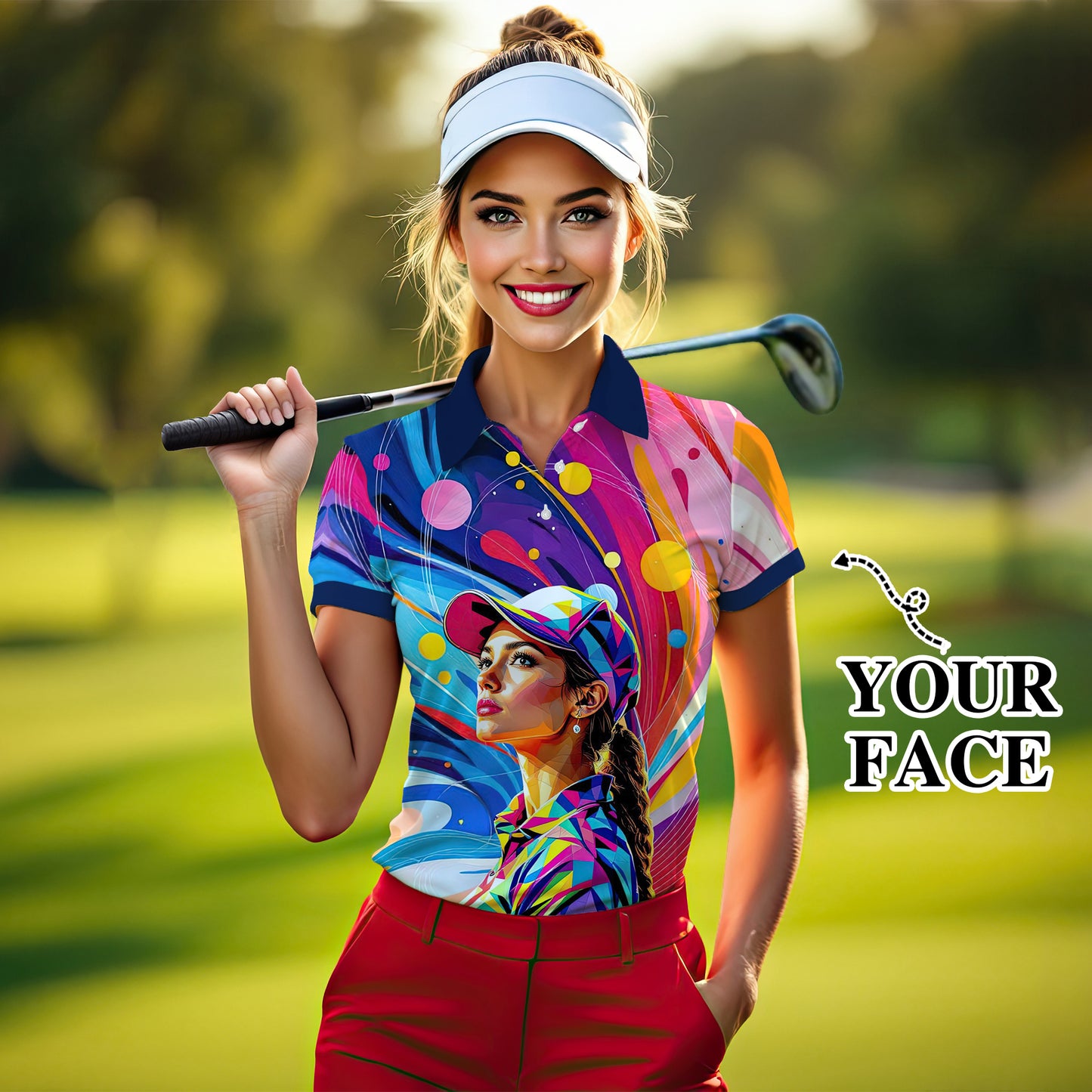 Custom Face Artistic Golf Polo Shirt for Women - Mosaic Design Style 27
