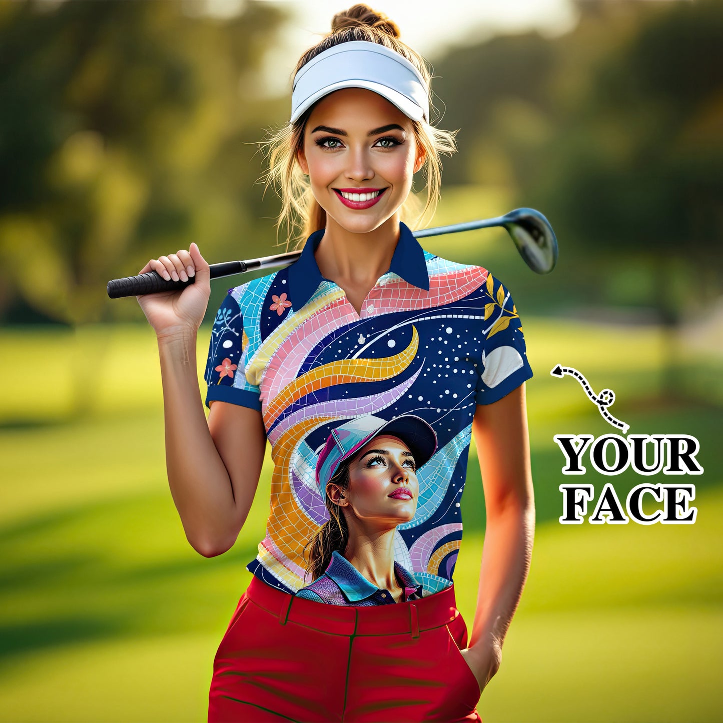 Custom Face Artistic Golf Polo Shirt for Women - Mosaic Design Style 12