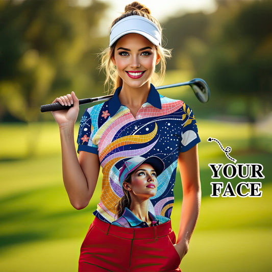 Custom Face Artistic Golf Polo Shirt for Women - Mosaic Design Style 12