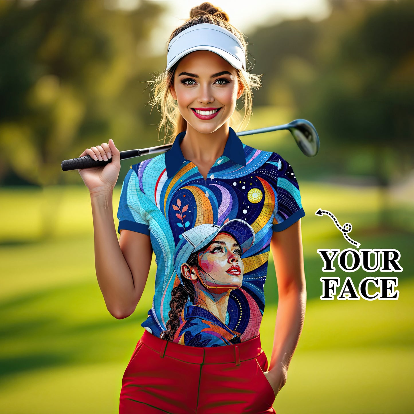 Custom Face Artistic Golf Polo Shirt for Women - Mosaic Design Style 13